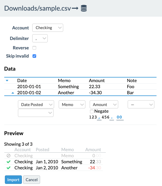 Screenshot of new CSV import interface