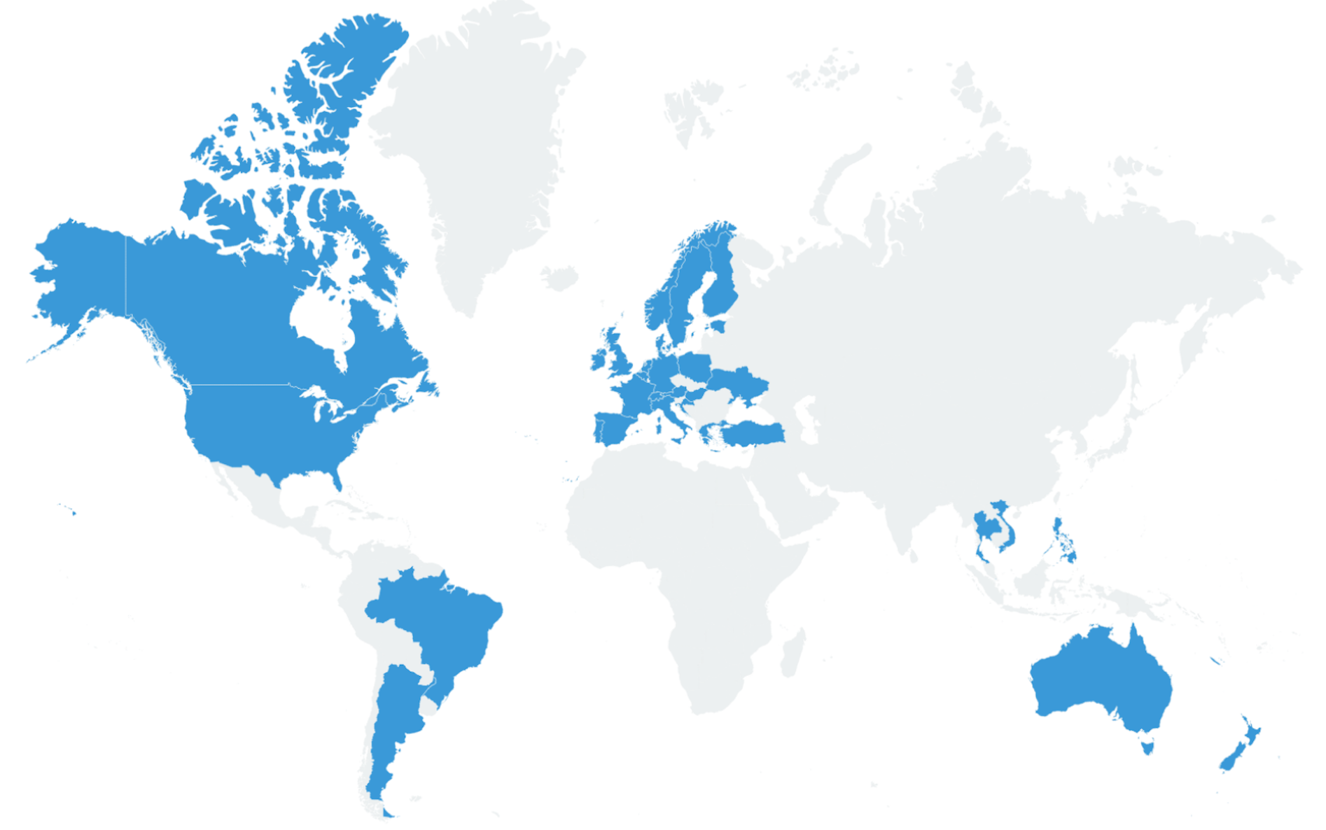 World map with these countries highlighted: Argentina, Australia, Austria, Belgium, Brazil, Canada, Croatia, Denmark, England, Estonia, Finland, France, Germany, Greece, Hungary, Ireland, Italy, New Zealand, Norway, Nouvelle-Calédonie, Philippines, Poland, Portugal, Singapore, Spain, Sweden, Switzerland, Thailand, The Netherlands, Turkey, UK, USA, Ukraine, Vietnam